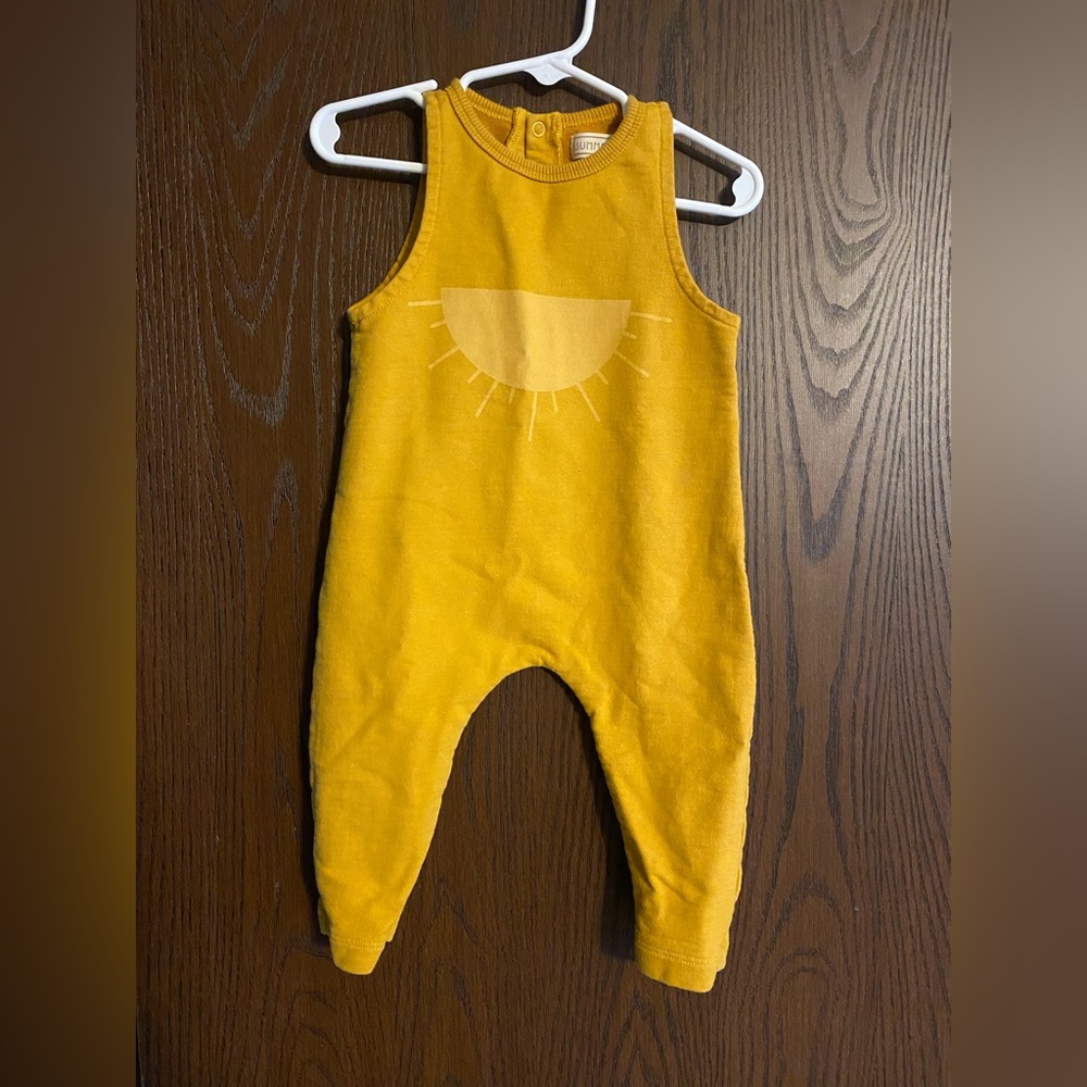 Summer in May Romper, mustard yellow, 9-12 months old, and non-gendered style.